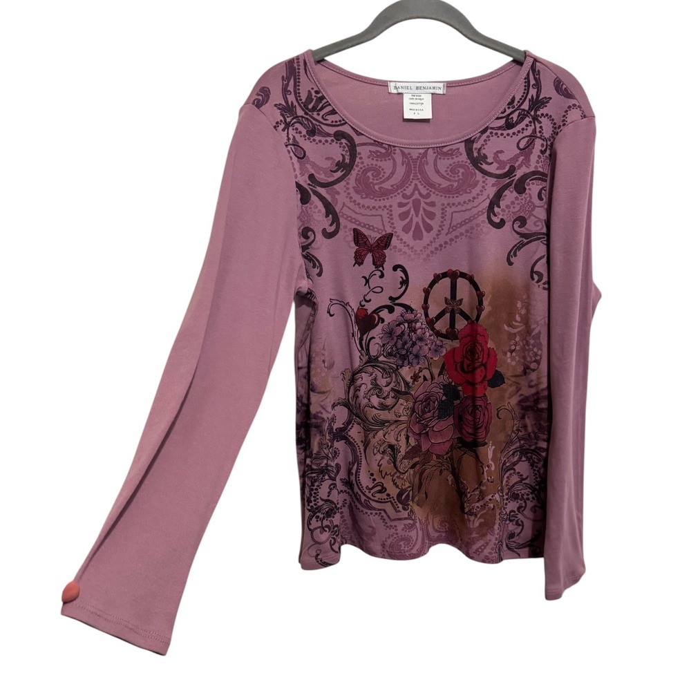 Daniel Benjamin Graphic Top Womens PL Purple Y2K Boho Indie Rose Peace Butterfly